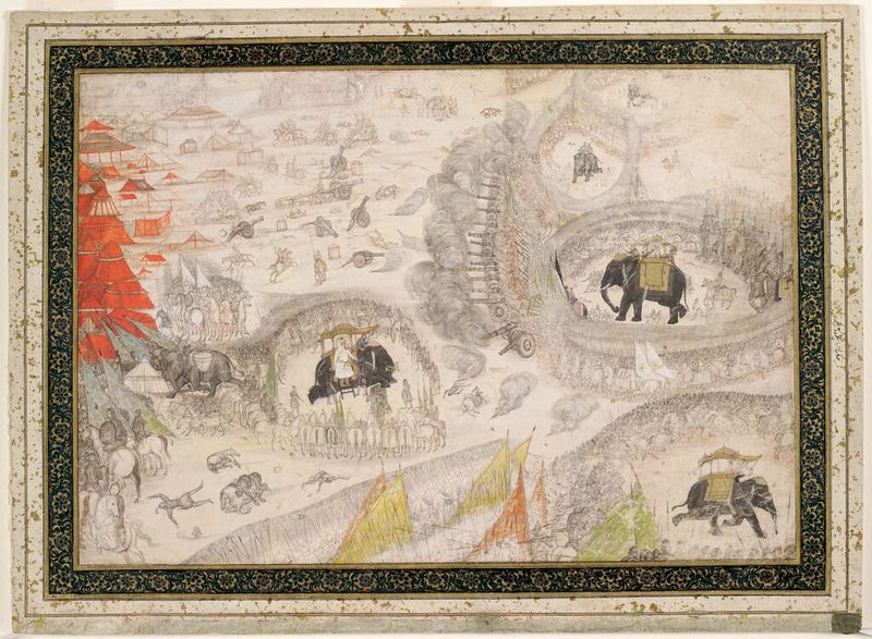 A Batalha de Samugarh, obra em metal de Payag mostrando soldados e cavalos em batalha.
