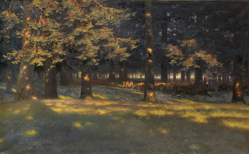 Waldlichtung mit grasenden Schafen by Paul Wilhelm Keller-Reutlingen, oil painting of sheep grazing in a meadow.