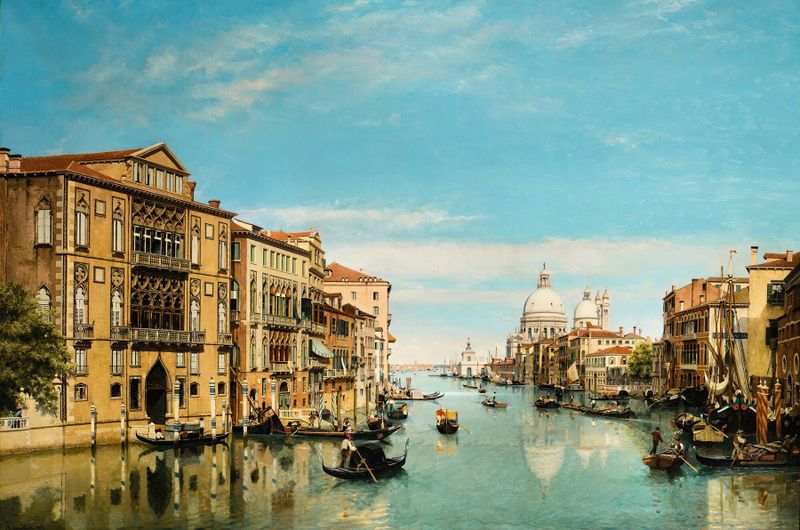 The Grand Canal, Venice by Jean-Baptiste van Moer, oil on canvas depicting twilight reflections.