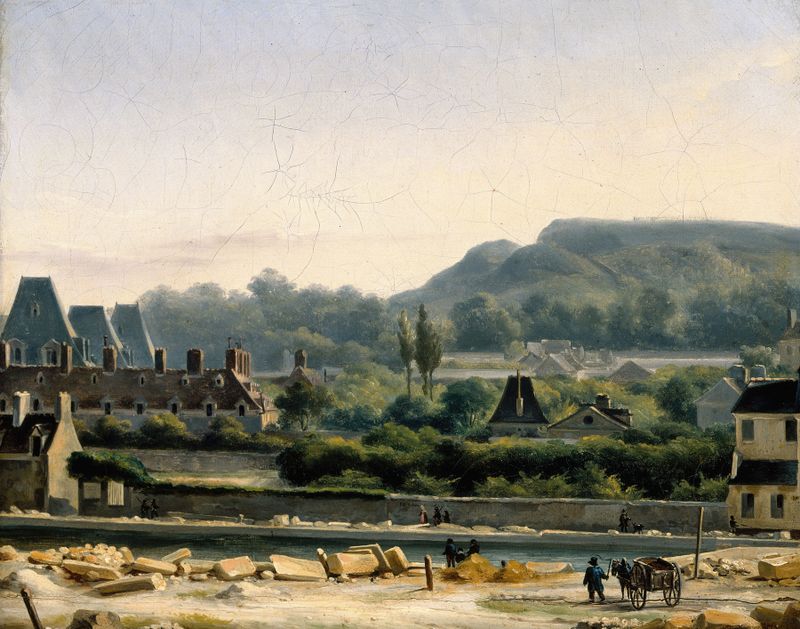 Vue de L’hôpital Saint-Louis et des Buttes-Chaumont de Hippolyte-Benjamin Adam, pintura al óleo que muestra un paisaje ser...