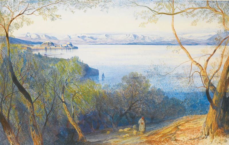 Uma vista distante da cidadela em Corfu, óleo sobre tela de Edward Lear