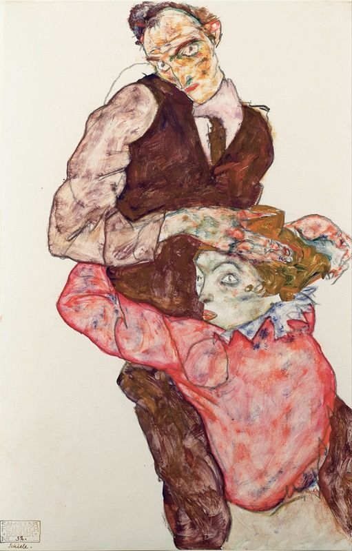 Lovers by Egon Schiele, oil on canvas, depicts a couple in an intimate embrace.