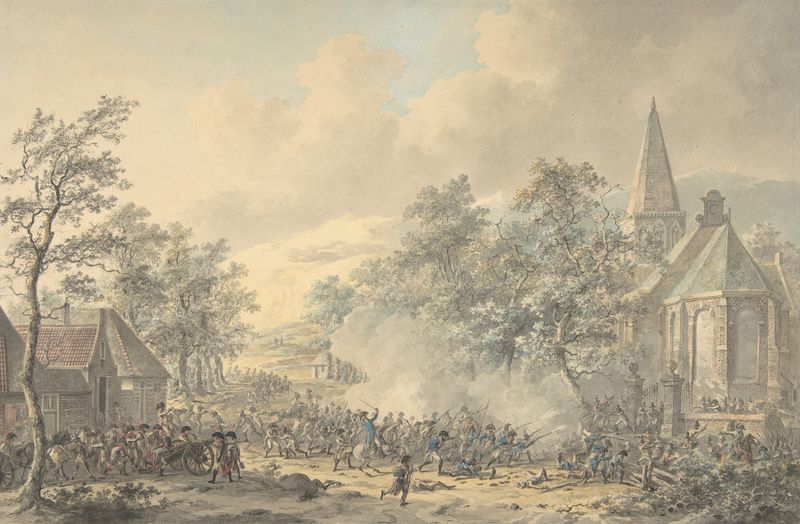 Battle scene with soldiers and a church, oil painting by Dirk Langendijk