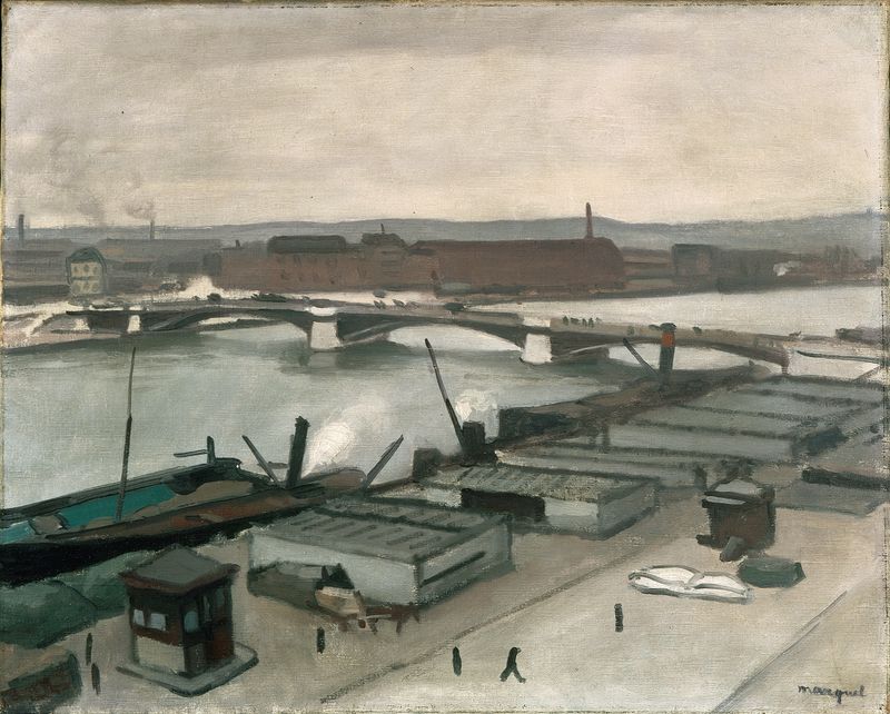 The Quays at Rouen de Albert Marquet, pintura al óleo que muestra aguas tranquilas y cielo suave