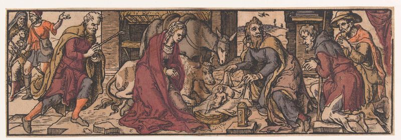Oil on panel by Monogrammist AI depicting shepherds adoring the Virgin in warm light.