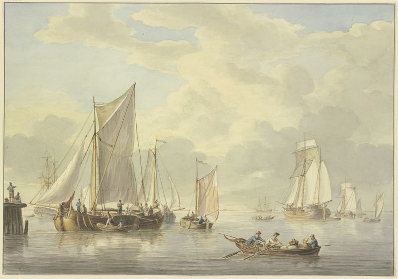 Marine scene with ships and rowers by Martinus Schouman, unknown medium