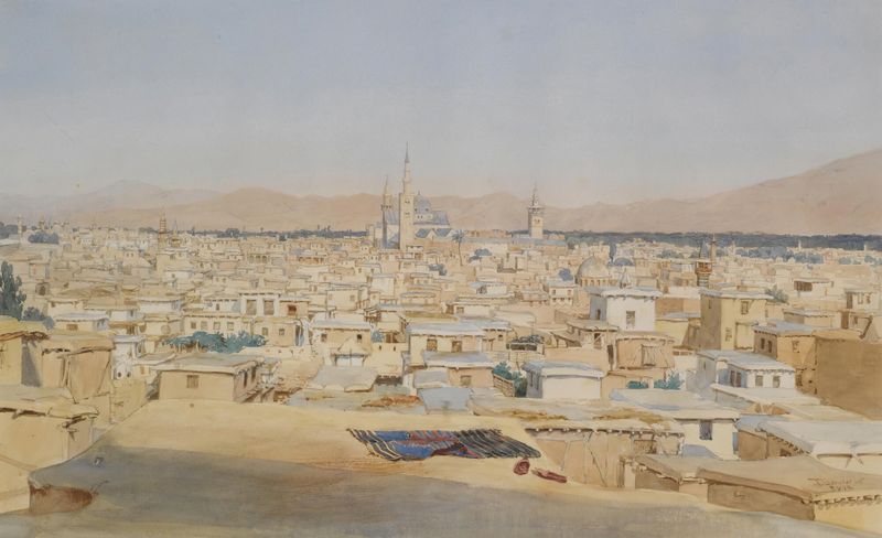 Arquitectura en Damasco de Max Schmidt, pintura al óleo que representa edificios iluminados por el sol
