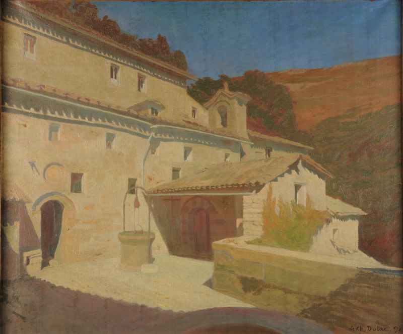 Engraving by Charles Marie Dulac depicting intricate architecture and shadowy corridors