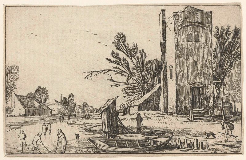Gravura de Unknown Artist mostrando uma torre quadrada ao lado de um rio congelado com jogadores de kolf.