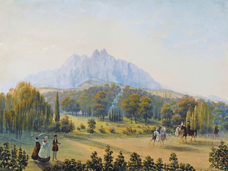 Seven Views of Miskhor in the Crimea VI, oil on canvas by Carlo Bossoli depicting mountains and sea.
