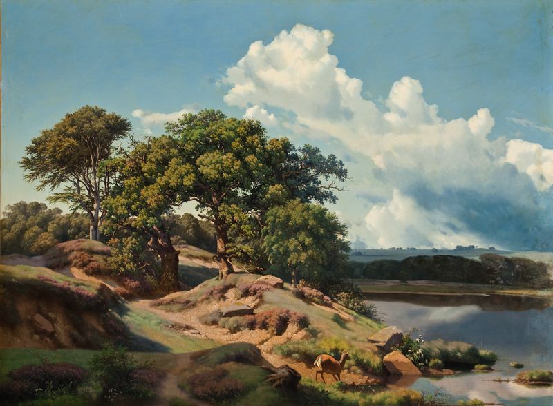 Danish Landscape by Heinrich Buntzen, oil painting depicting serene hills and a soft sky.