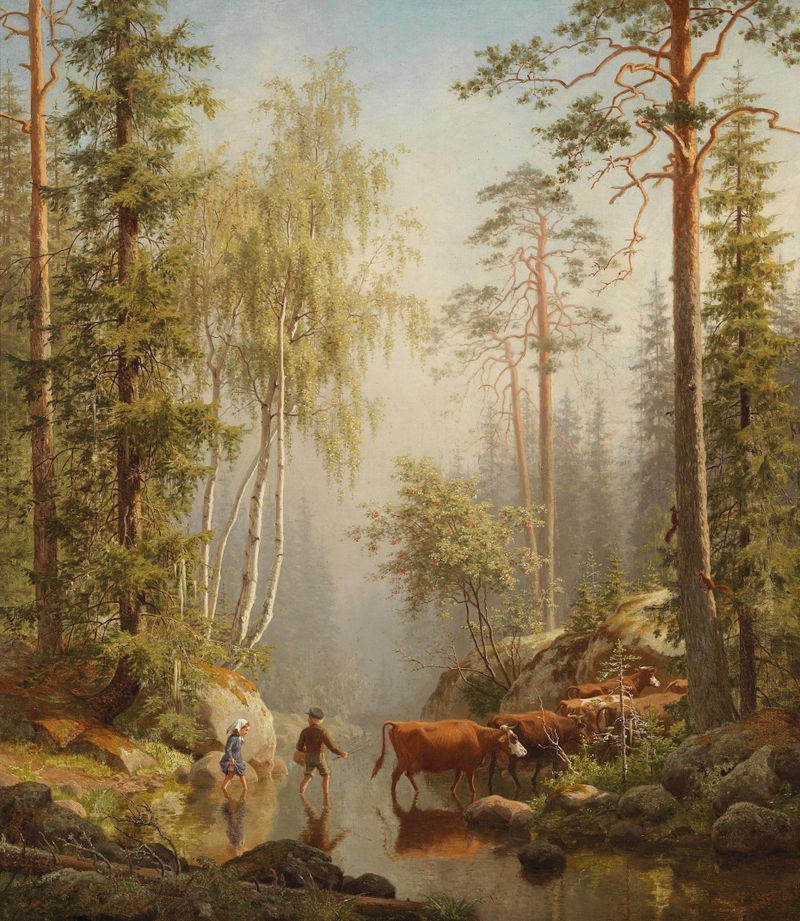 Landscape depicting a woodland stream with sunlight filtering through trees by Carl Bøgh, oil painting