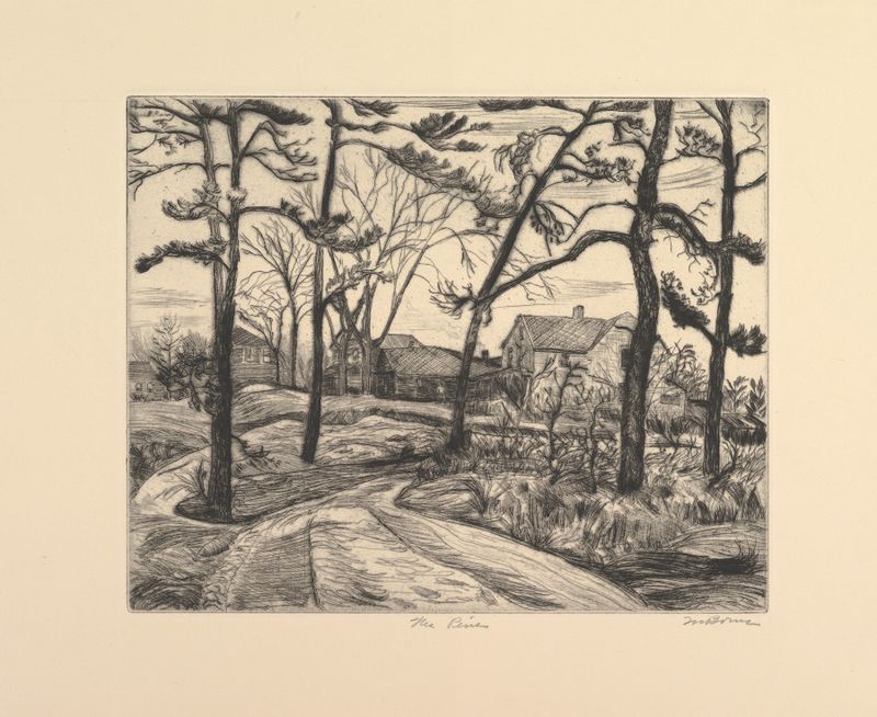 Paisagem expressionista de Mortimer Borne com pinheiros contra um céu crepuscular.