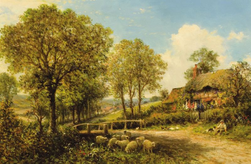 Landscape with a shepherd and flock in spring, oil painting by Benjamin Williams Leader