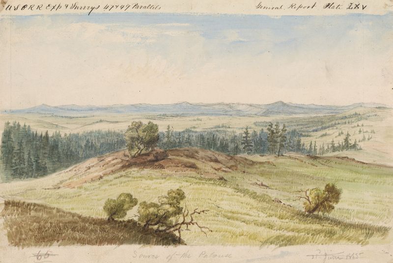 Source of the Peluse, óleo sobre lienzo de John Mix Stanley, que representa un paisaje de río tranquilo.