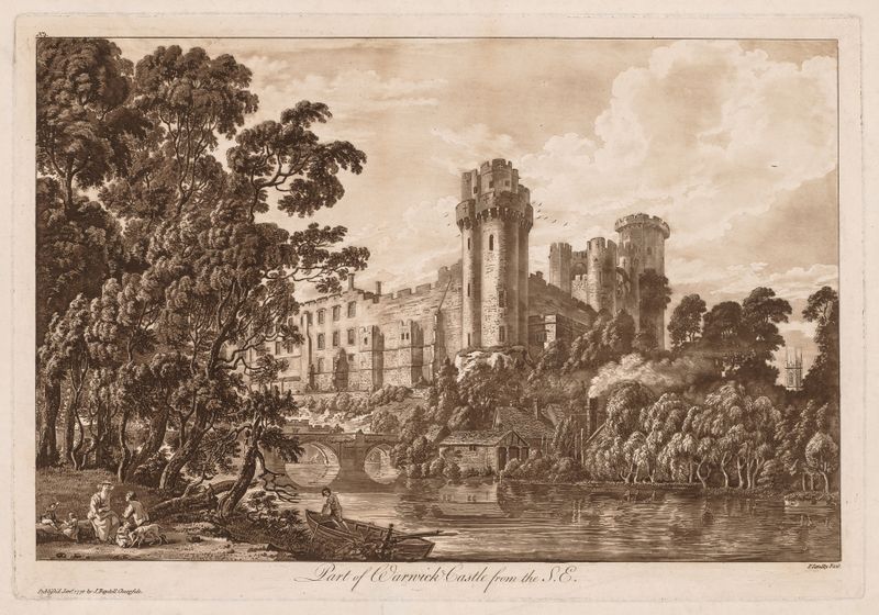 Acuarela de Paul Sandby que representa el Castillo de Warwick en un paisaje sereno.
