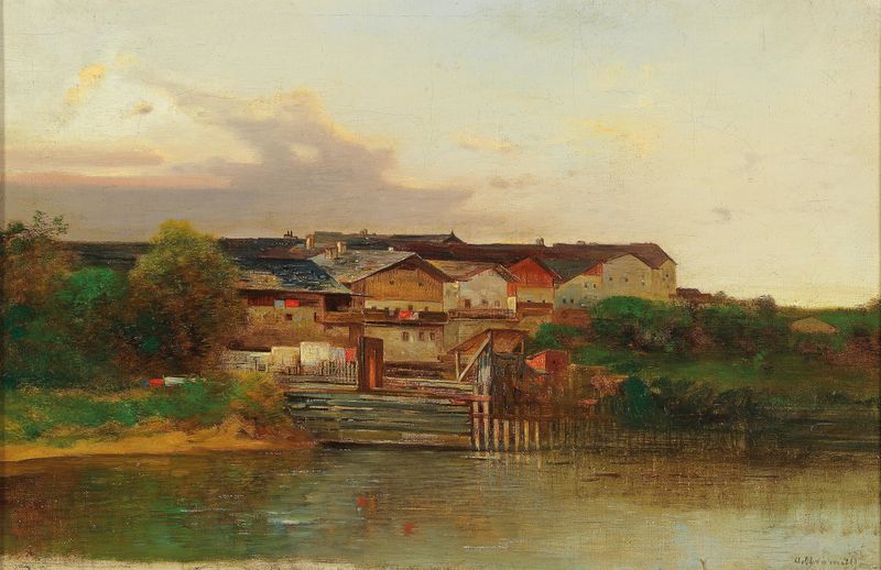 Wehr Am Fluss by Adolf Obermüllner, oil on canvas depicting a river and weir