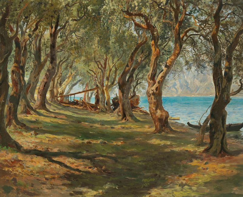 Olivenhain am Gardasee by Carlo Brioschi, oil on canvas depicting olive trees and a tranquil lake.
