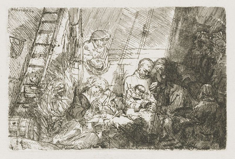 La Circuncisión en el Establo, grabado de Rembrandt van Rijn, mostrando un recién nacido con figuras solemnes.