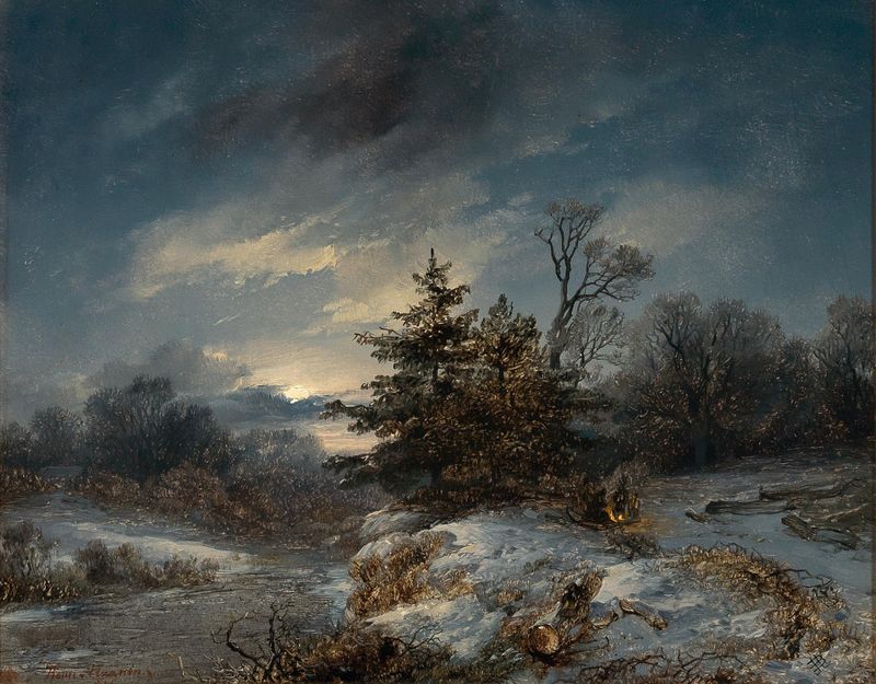 Winter evening landscape oil painting by Remigius Adrianus van Haanen