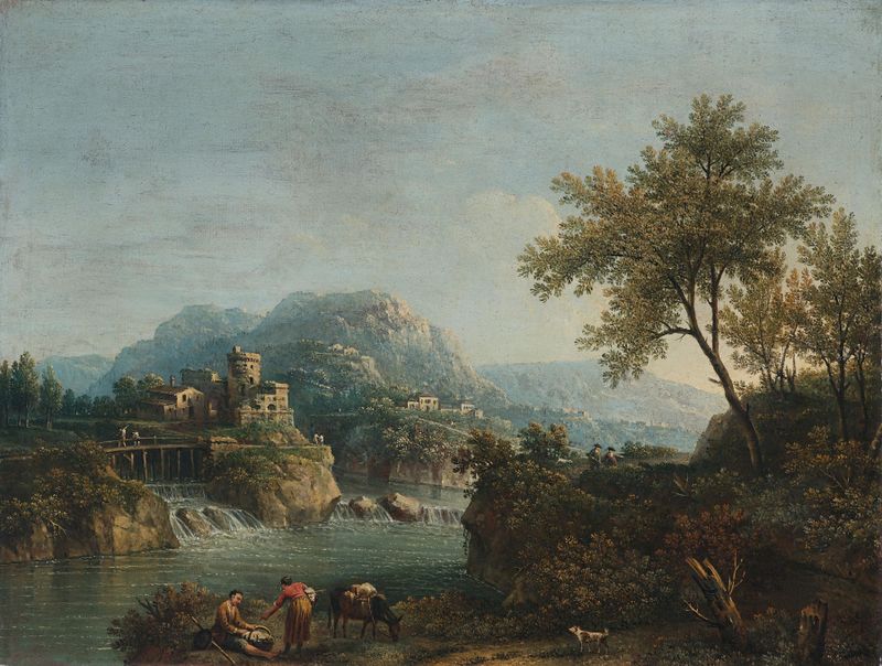 Rococo landscape with figures and a donkey by Giovanni Battista Cimaroli, oil painting