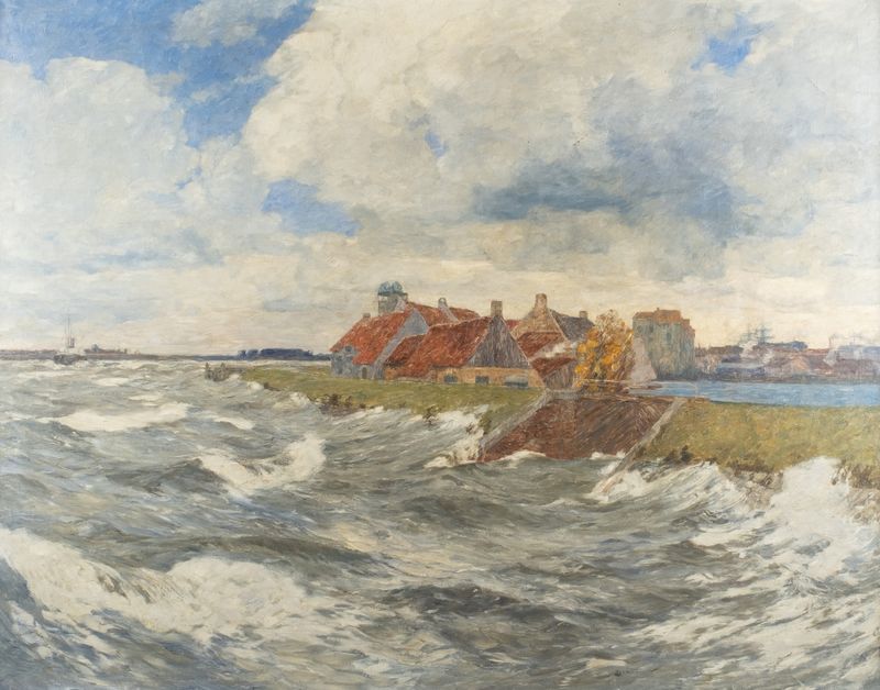 Escena marina que representa la desembocadura del río Maas por Andreas Dirks, pintura al óleo