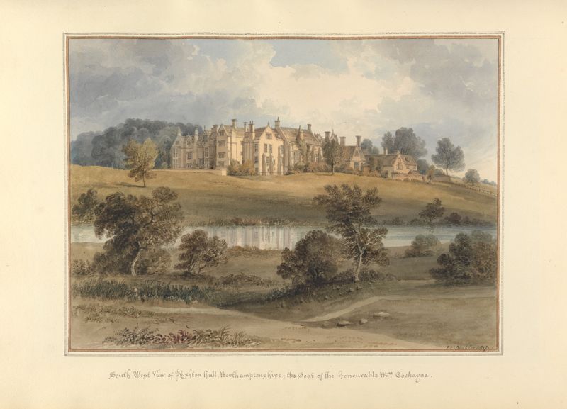 South West View of Rushton Hall de John Buckler, retratando um jardim e uma grande arquitetura, meio desconhecido.