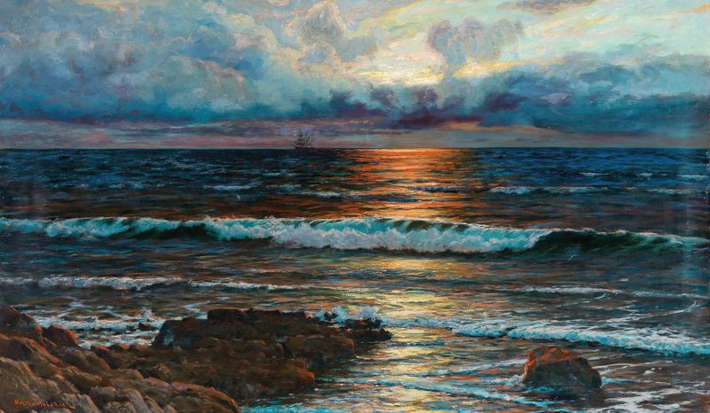 Sunset on the Seashore by Vartan Makhokhian, oil on canvas showing a vibrant sunset over the ocean.