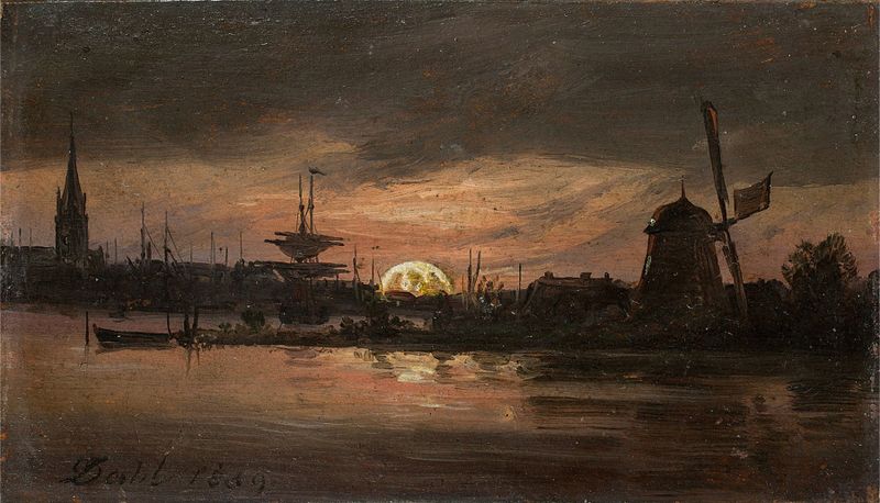 O Oder perto de Swinemünde à luz da lua, óleo sobre tela de Johan Christian Dahl, retratando uma cena fluvial tranquila.