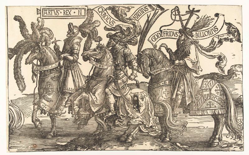 Grabado histórico de Lucas van Leyden con Arthur, Carlomagno y Godofredo en armadura.