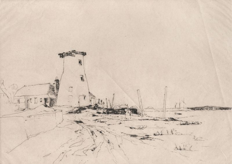 Langston Mill de Sir Frank Short, óleo que representa un río tranquilo y árboles.