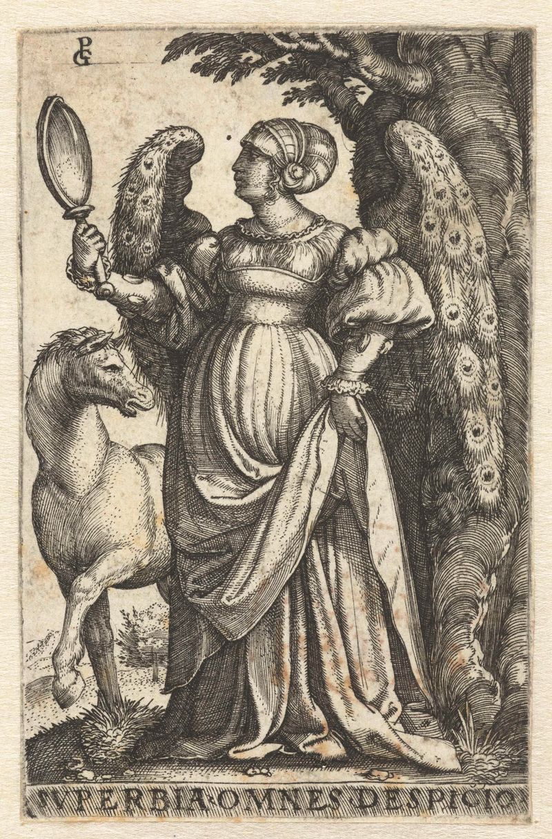 Grabado de Georg Pencz que representa una figura simbolizando el orgullo y la introspección.