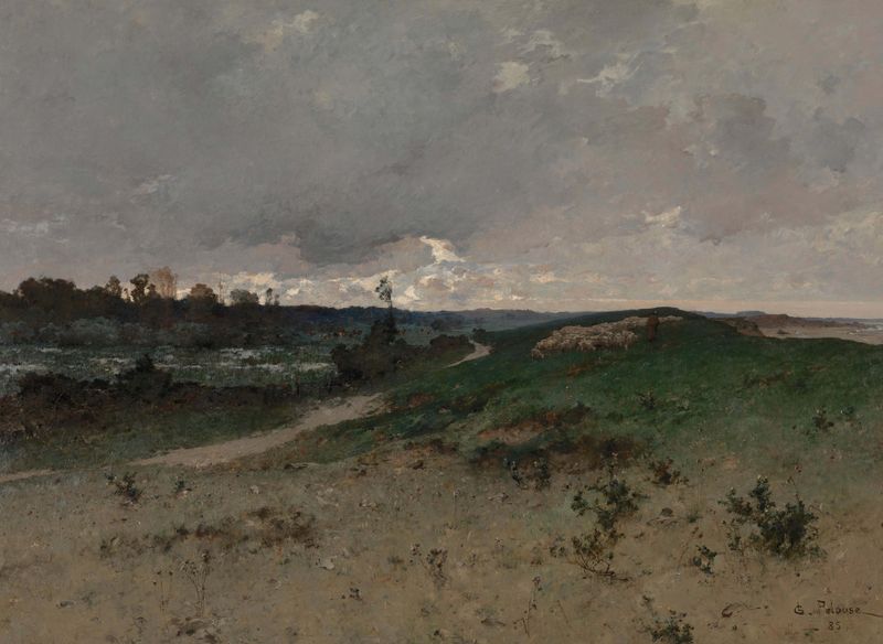 Landscape near Saint-Jean-le-Thomas by Léon-Germain Pelouse, oil painting depicting a tranquil sea and clouds.