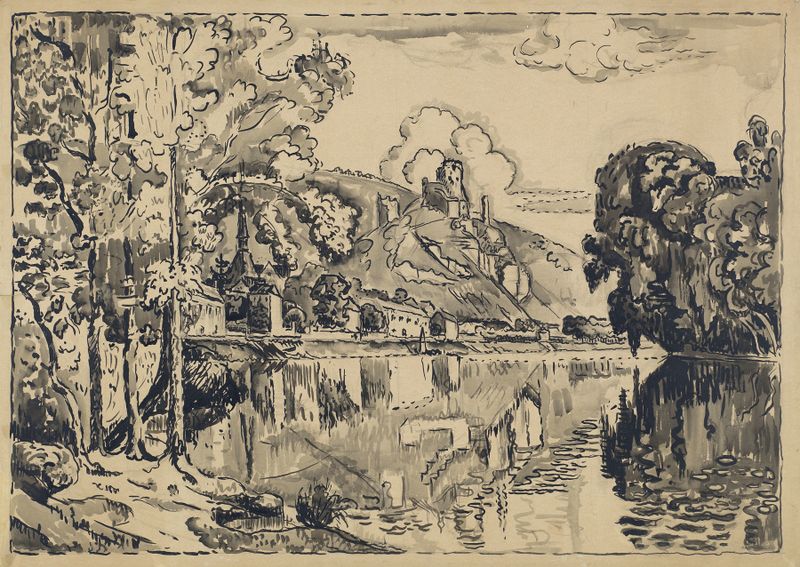 Les Andelys on a Summer Morning, pintura a óleo de Paul Signac retratando um rio e uma vila sob luz dourada