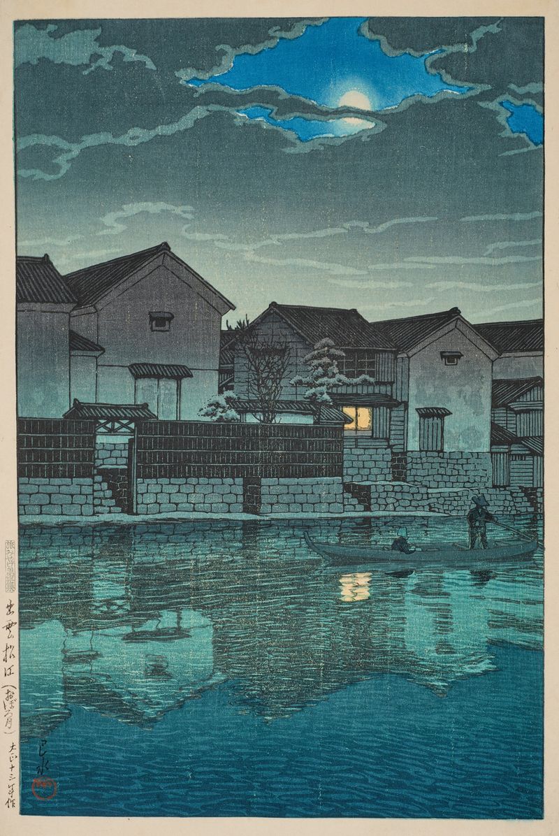 Luna difusa en Matsue en Izumo, xilografía de Kawase Hasui