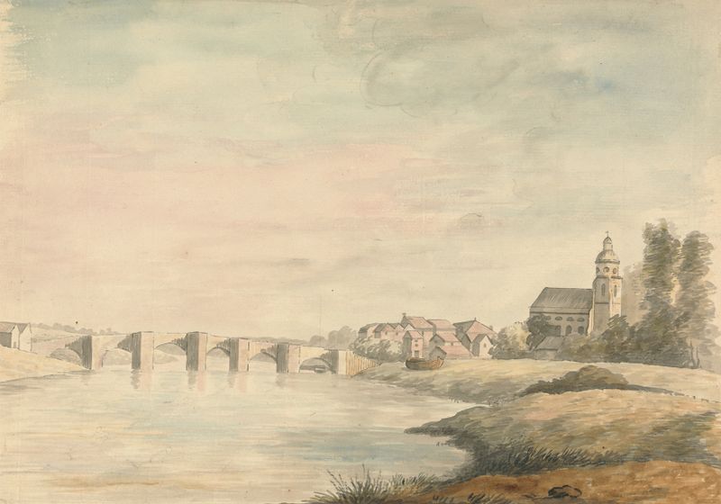 River landscape with bridge, oil on canvas by Edward Francis Burney