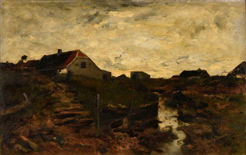 Chaumières dans les dunes à Skagen de Émile Barau, óleo sobre tela mostrando cottages nas dunas de areia.