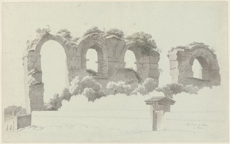 Uma Parte de um Aqueduto em Roma, óleo sobre tela de Josephus Augustus Knip, com arcos de pedra majestosos.