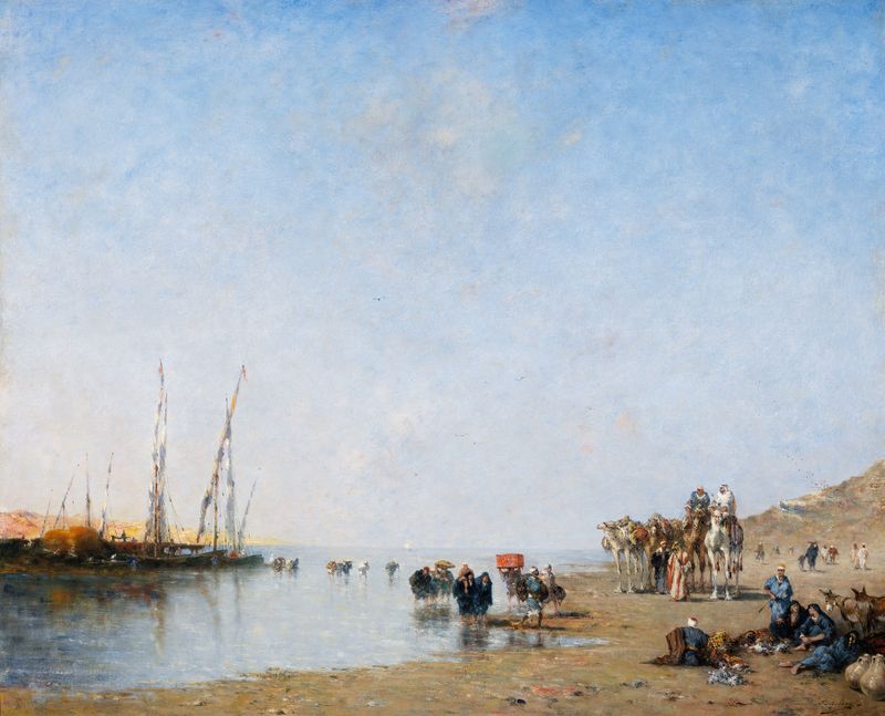An Arab caravan resting near the shore, oil on canvas by Narcisse Berchère