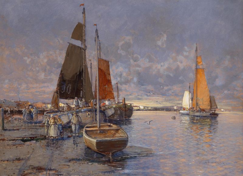 Fischer an der Mole im Abendrot by Georg Fischhof, oil painting of a fisherman at twilight