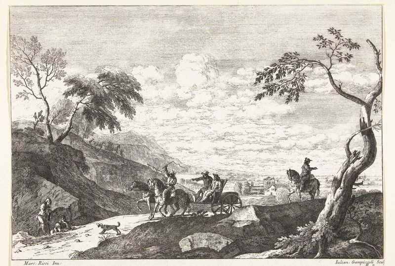 Etching by Giuliano Giampiccoli depicting a carriage and hills at twilight