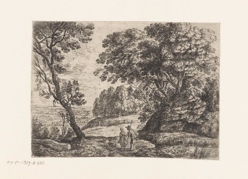 Etching by Lucas van Uden depicting a man and woman conversing in a landscape