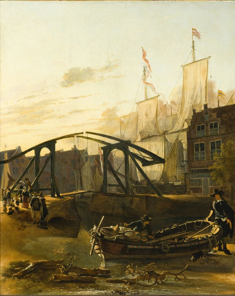 View of a harbor with boats and sunlight by Adam Pynacker, oil painting