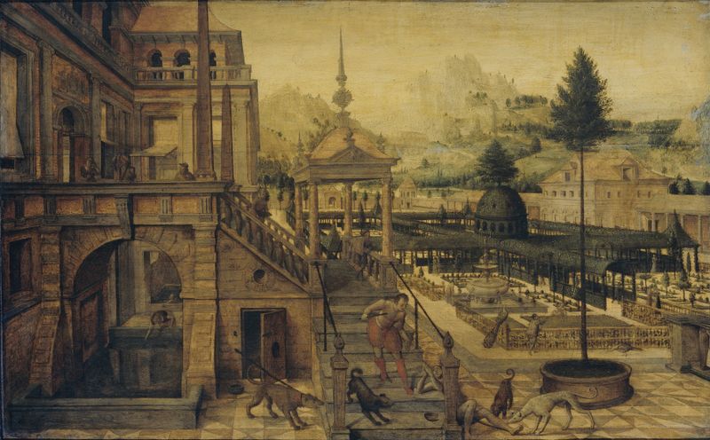 Genre scene depicting Poor Lazarus in a palace garden, oil painting by Hans Vredeman de Vries