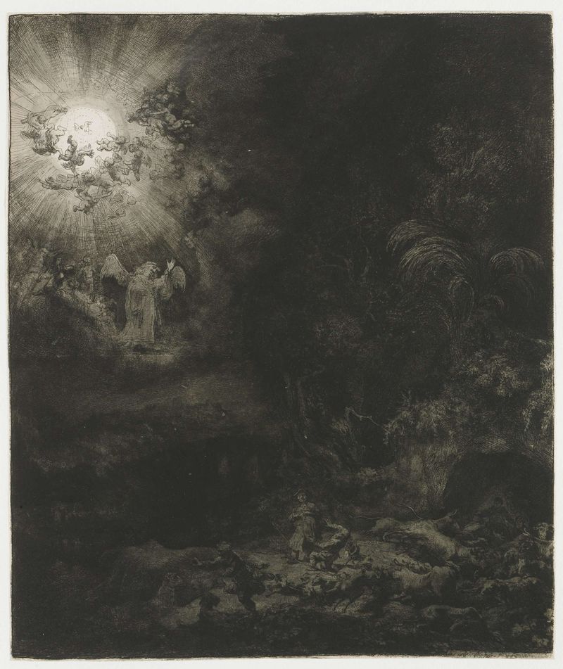 Grabado de Rembrandt van Rijn que muestra un ángel y pastores bajo un cielo nocturno.