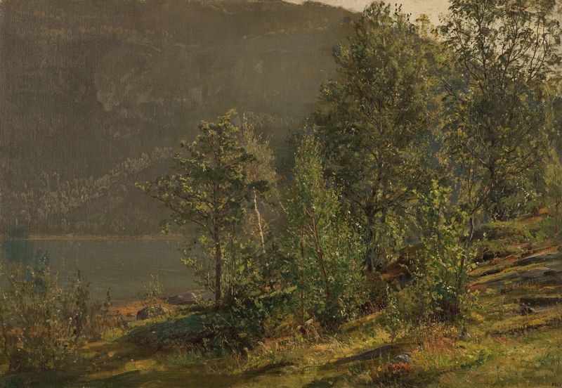 Pintura al óleo de paisaje de Amaldus Nielsen que muestra el amanecer sobre un fiordo y montañas.