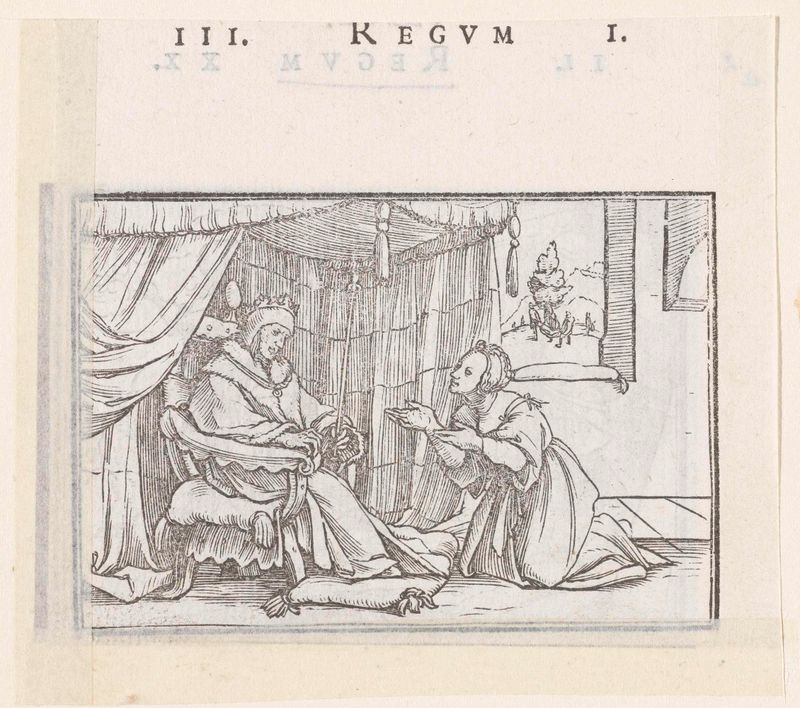 Escena religiosa de Abisag arrodillada ante el Rey David por Hans Holbein (II), papel