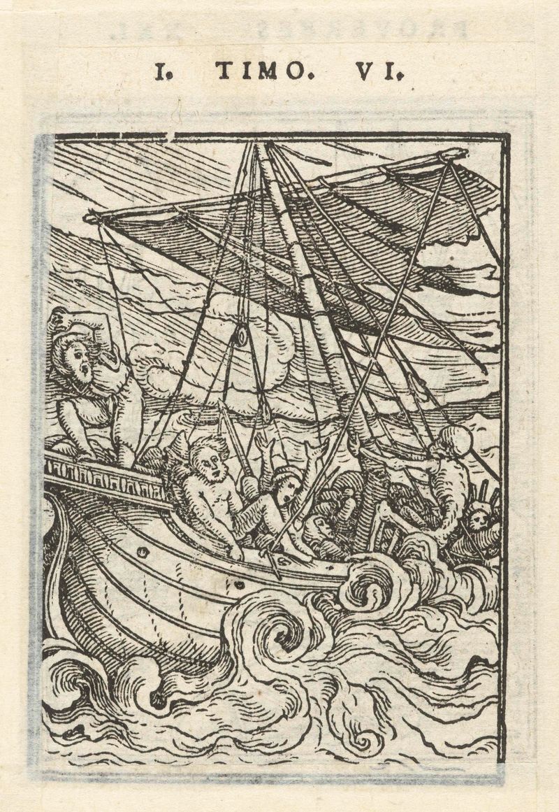 Schipper en de Dood de Hans Holbein II, gravura em papel mostrando um capitão de navio enfrentando a morte.