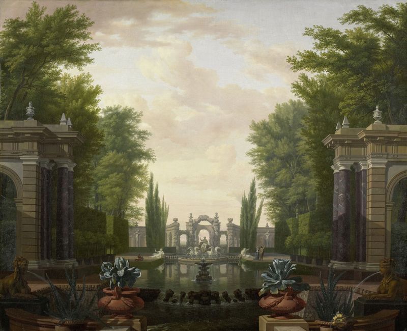 Water Terrace with Statues and Fountains in a Park, óleo sobre lienzo de Isaac de Moucheron