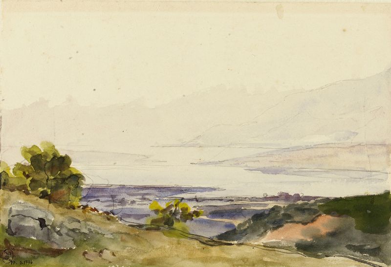 Landscape with hills and a serene lake by Marie Bracquemond, oil painting